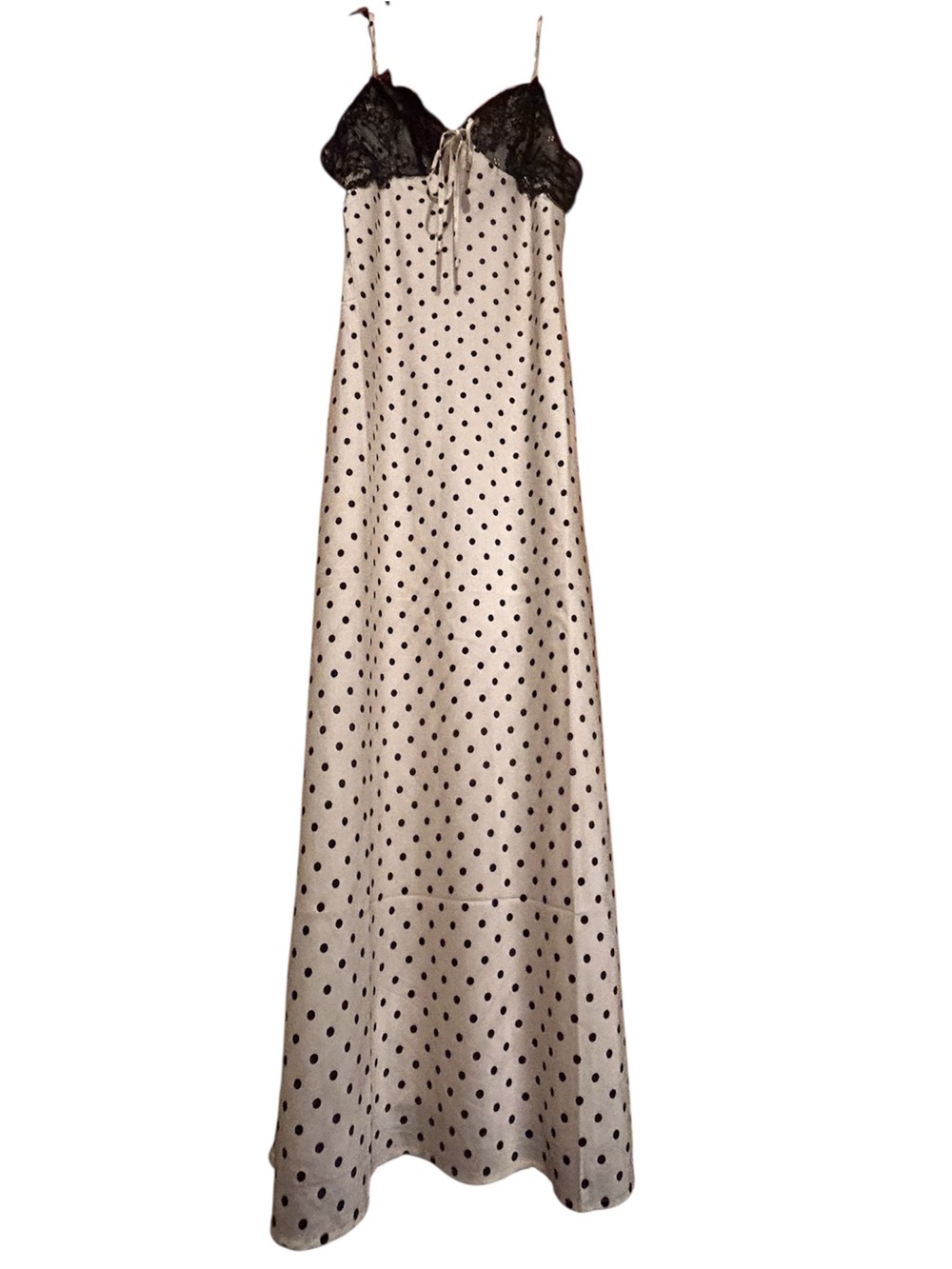Silky Satin Polka Dot Maxi Slip Dress with Black Lace & Full Slip